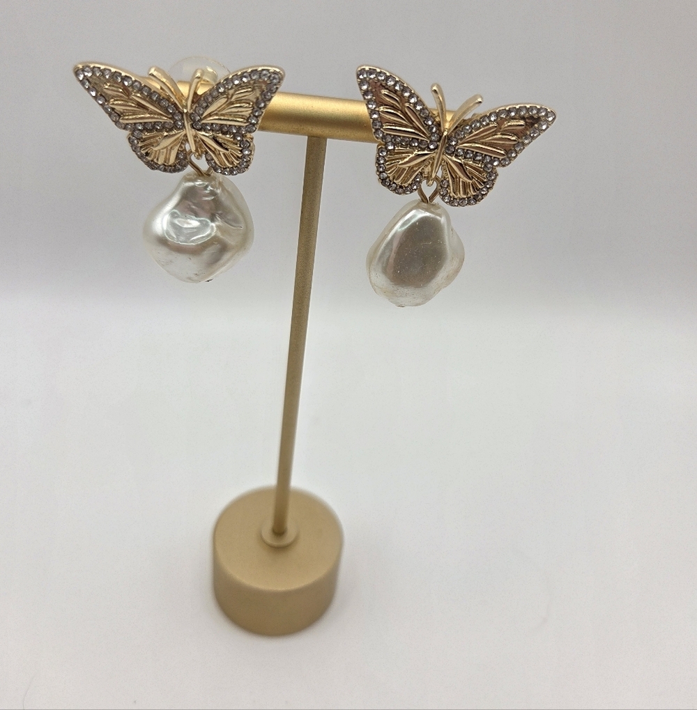 Sugarfix Gold Rhinestone Crystal Butterfly Pearl Earrings